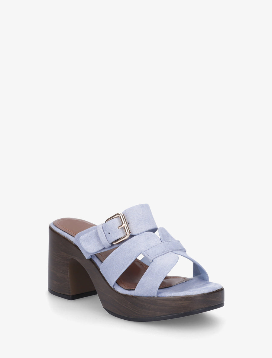 Mules à talon effet bois à boucle - Bleu ciel - 2