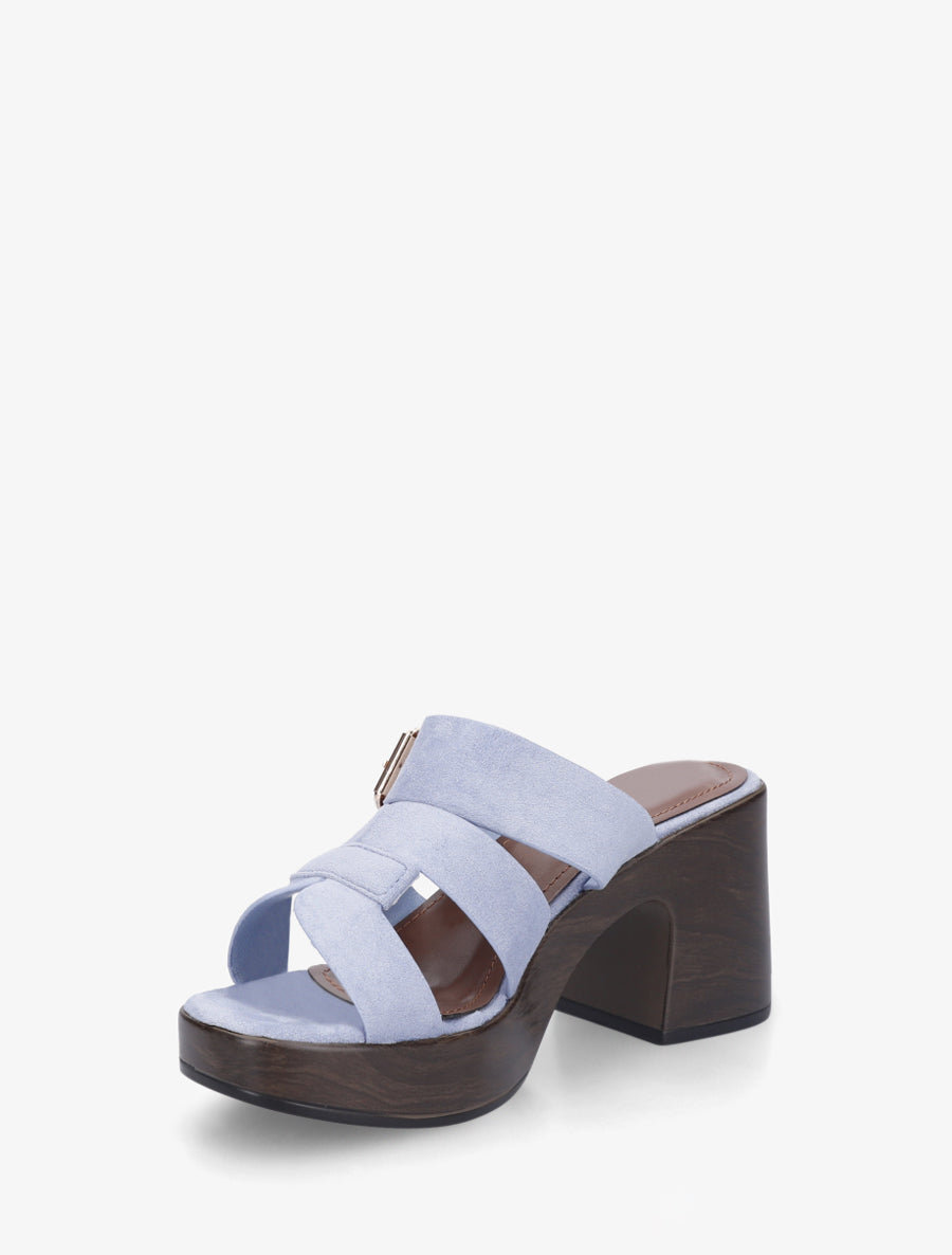 Mules à talon effet bois à boucle - Bleu ciel - 3