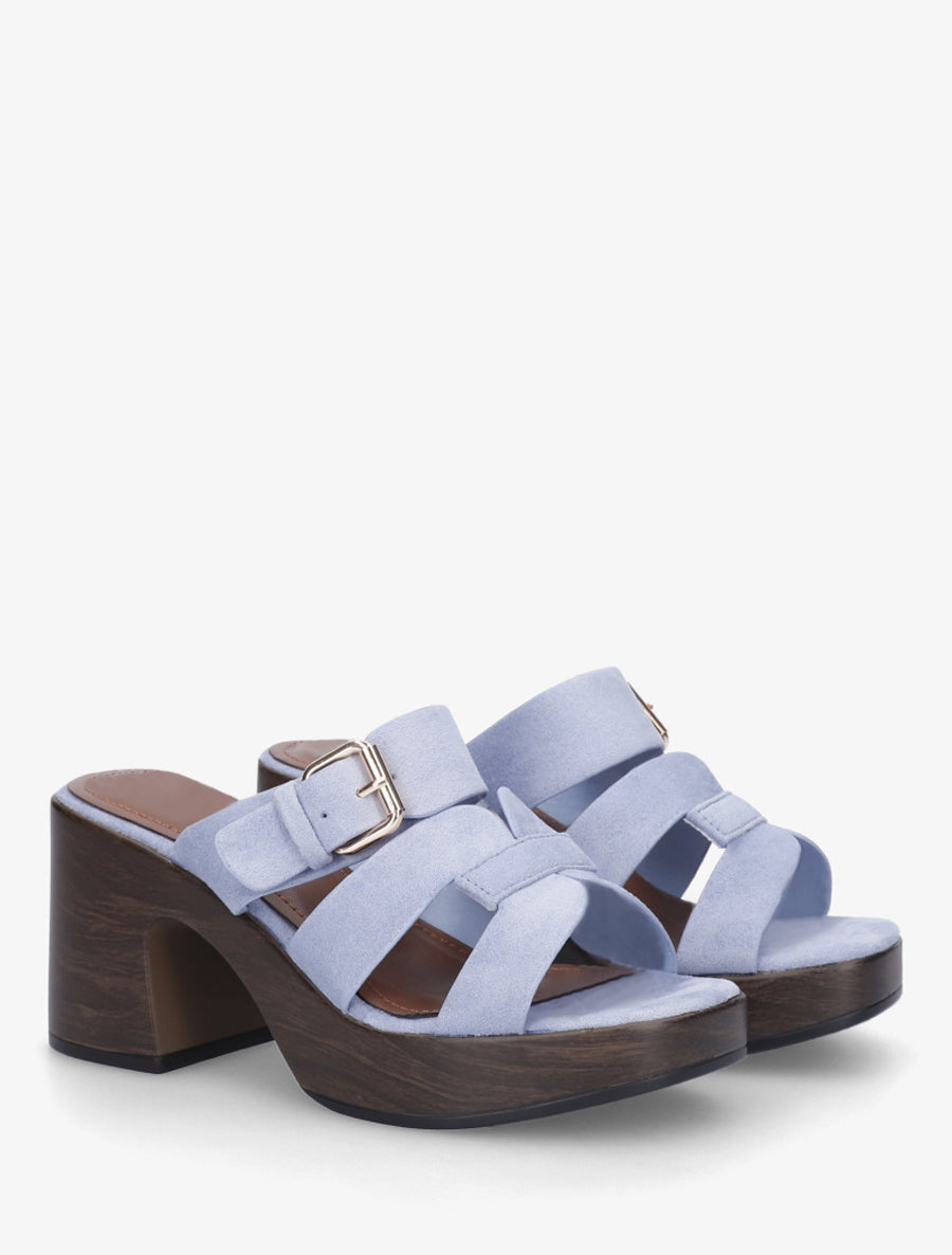 Mules à talon effet bois à boucle - Bleu ciel - 4