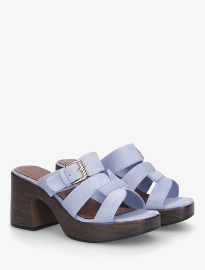 Mules à talon effet bois à boucle - Bleu ciel - 4