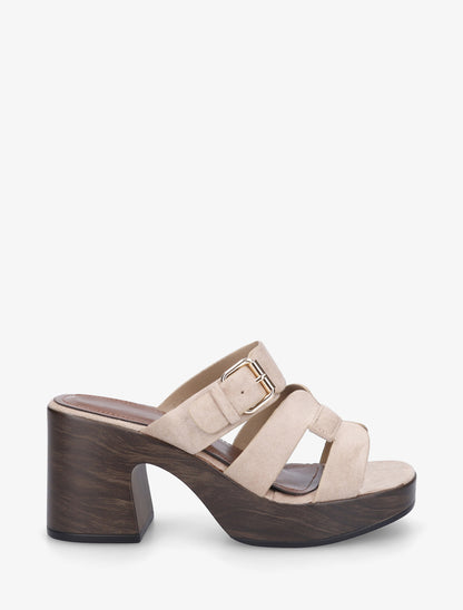 Mules à talon effet bois à boucle - Taupe - 1