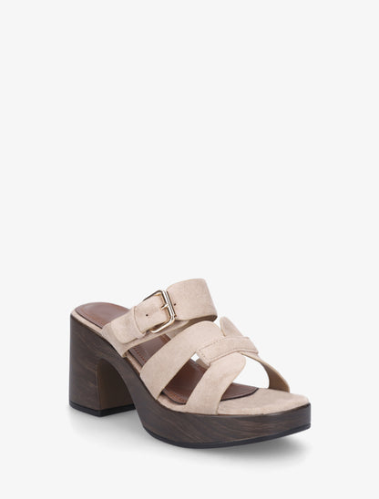 Mules à talon effet bois à boucle - Taupe - 2