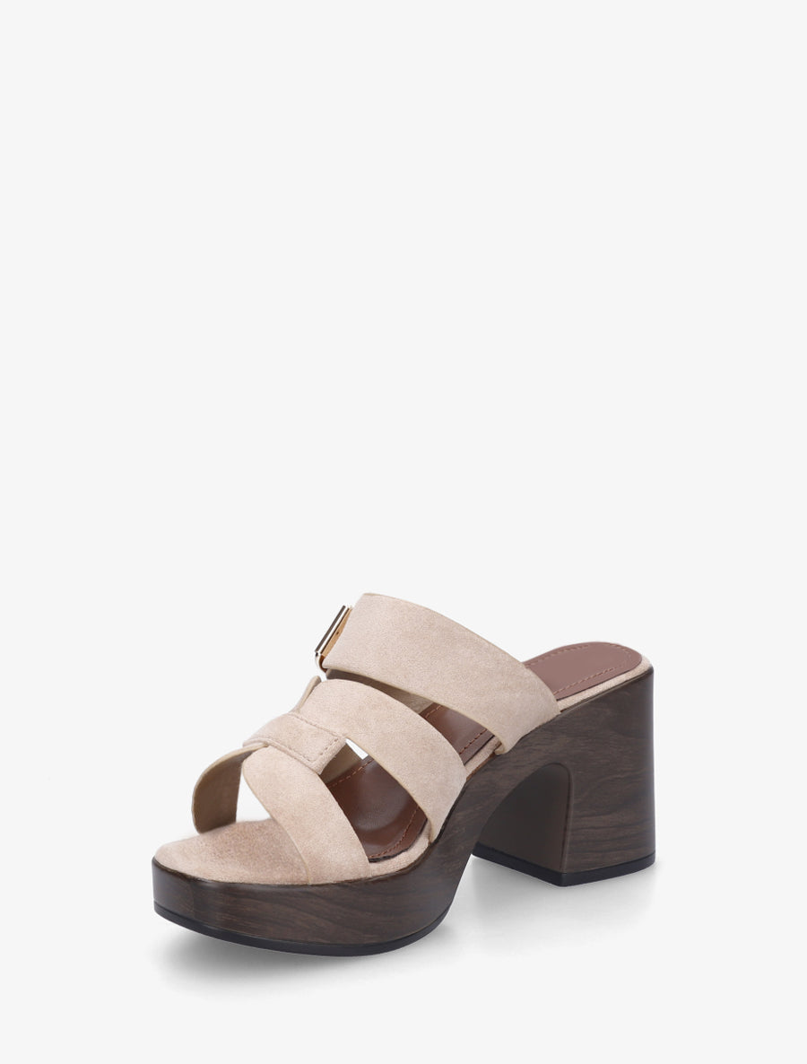 Mules à talon effet bois à boucle - Taupe - 3