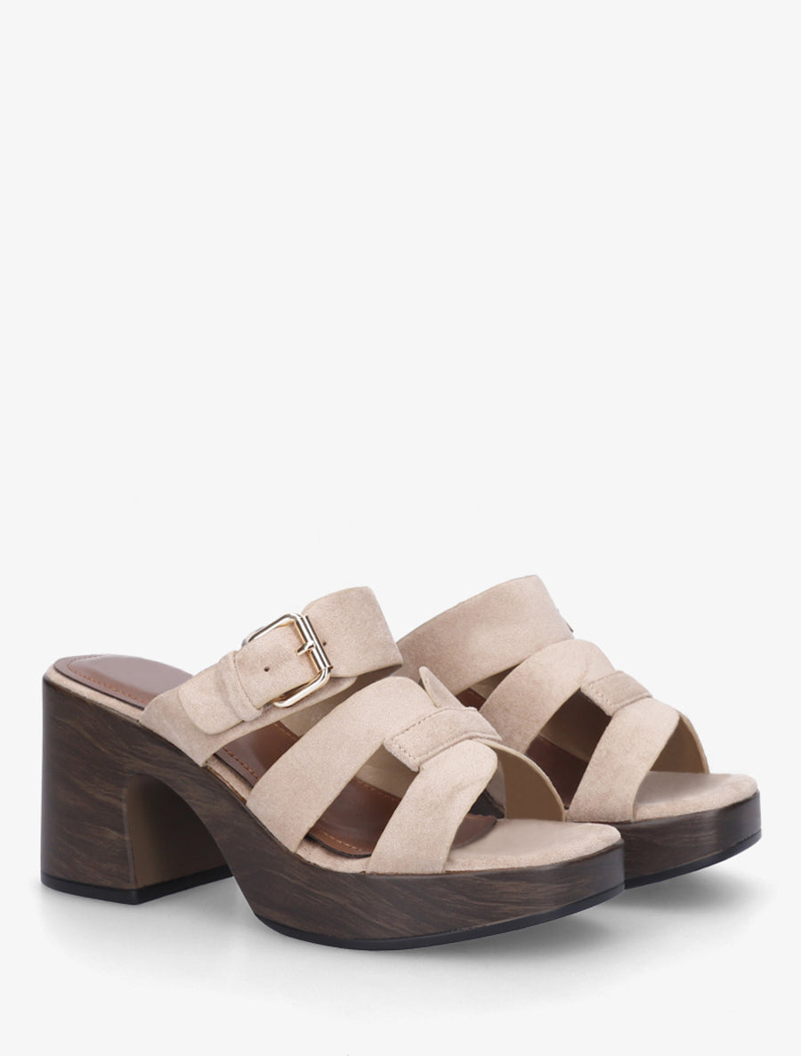 Mules à talon effet bois à boucle - Taupe - 4