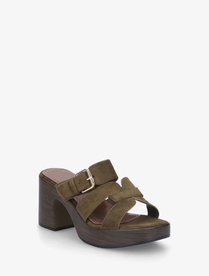 Mules à talon effet bois à boucle - Kaki foncé - 2