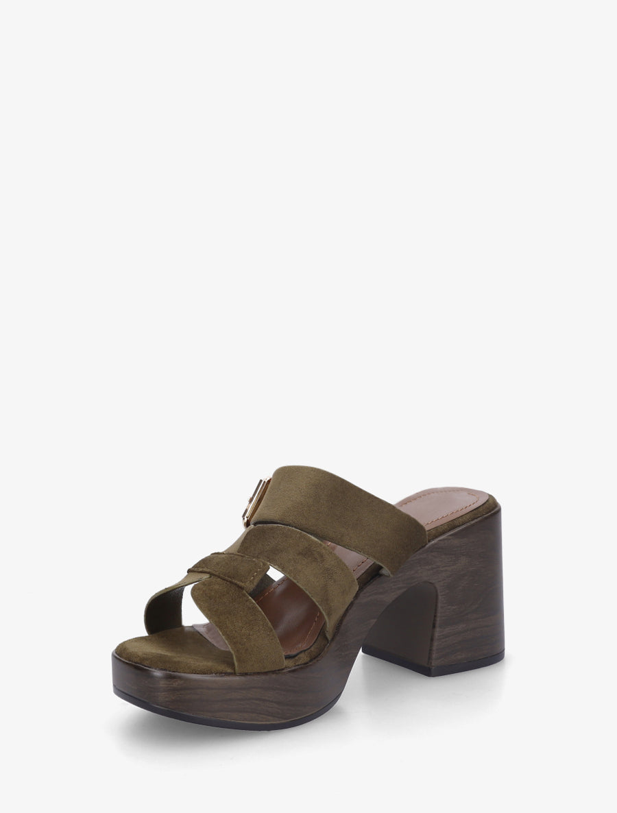 Mules à talon effet bois à boucle - Kaki foncé - 3