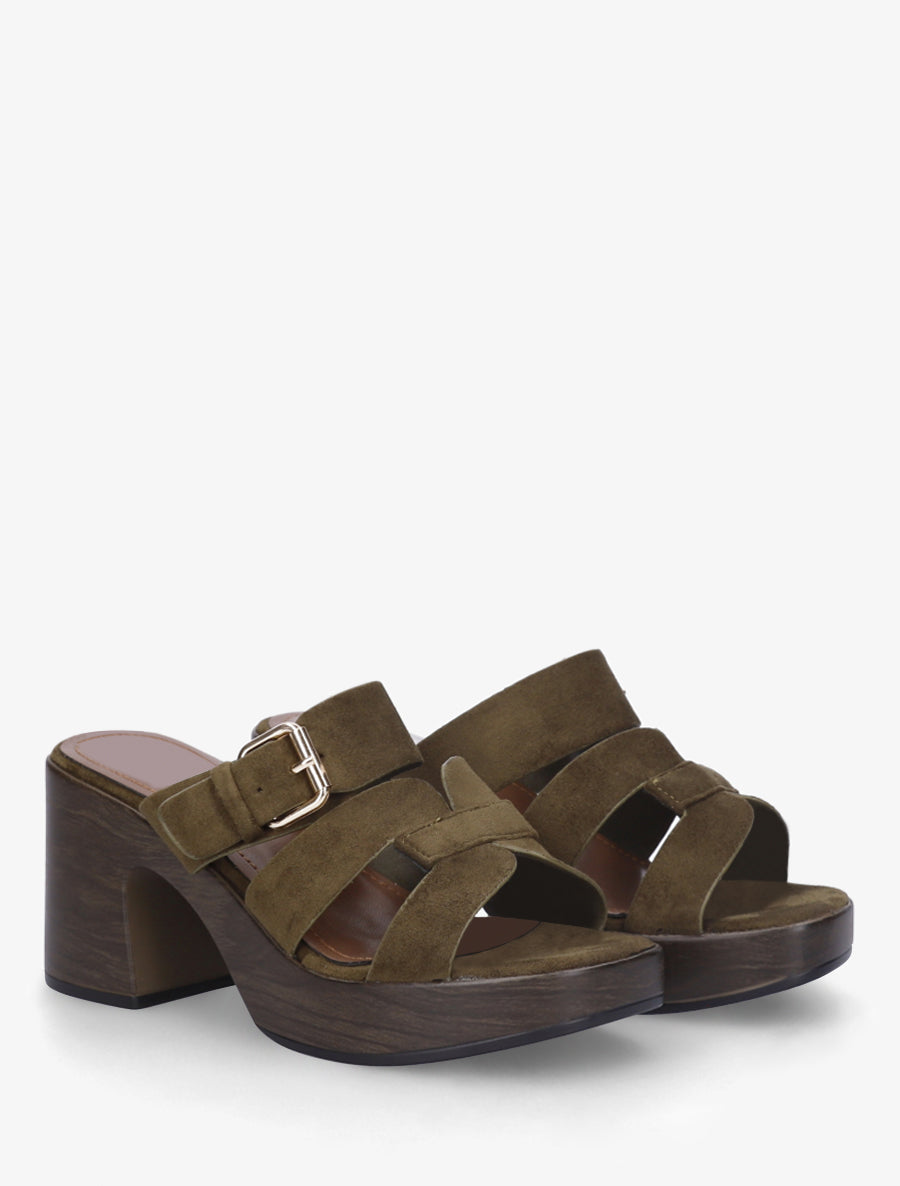 Mules à talon effet bois à boucle - Kaki foncé - 4