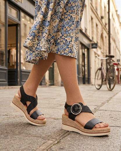 Sandales compensées à boucles stylisée - Noir