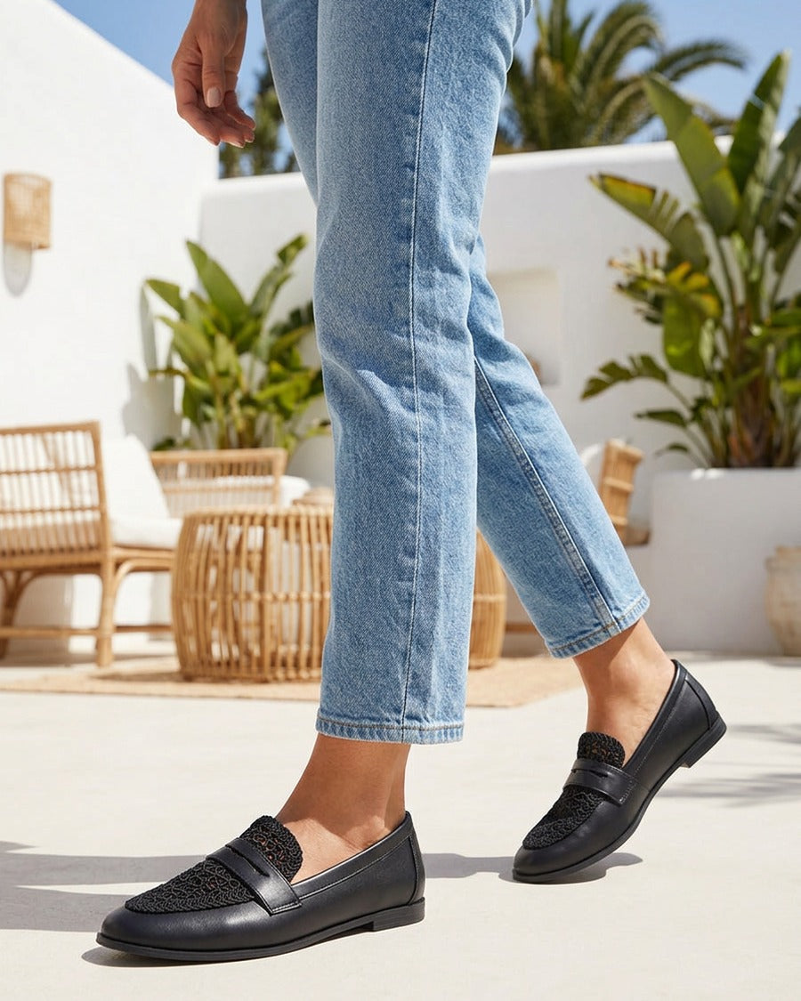 Mocassins en simili et macramé - Noir