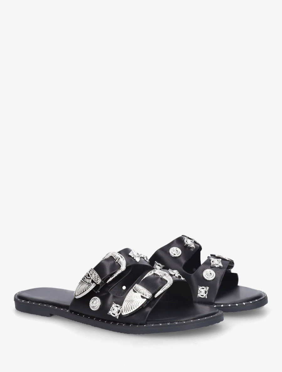 Claquettes à clous fantaisies et boucles - Noir - 4