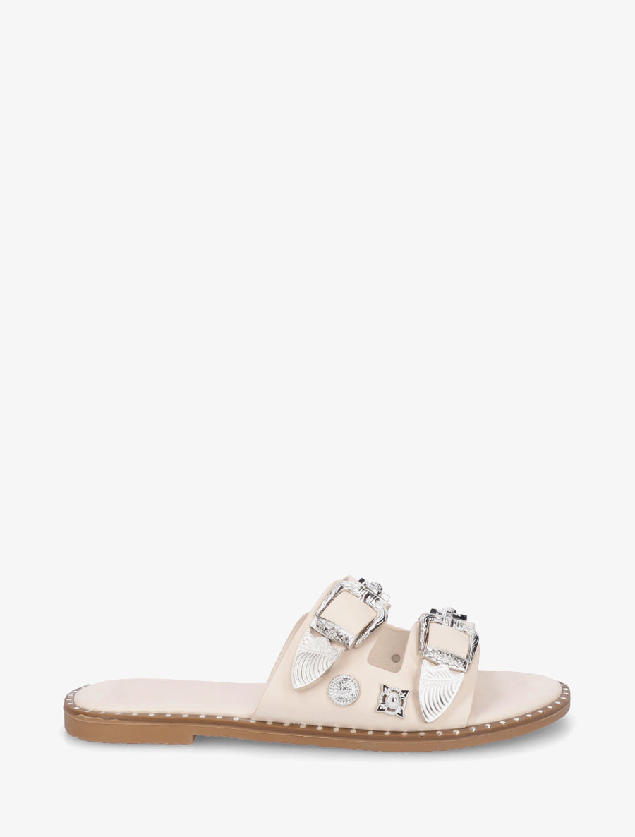 Claquettes à clous fantaisies et boucles - Beige - 1