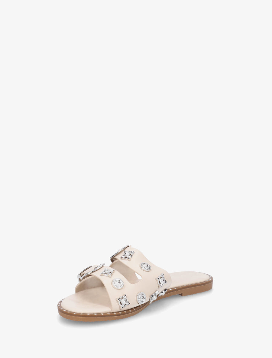 Claquettes à clous fantaisies et boucles - Beige - 3