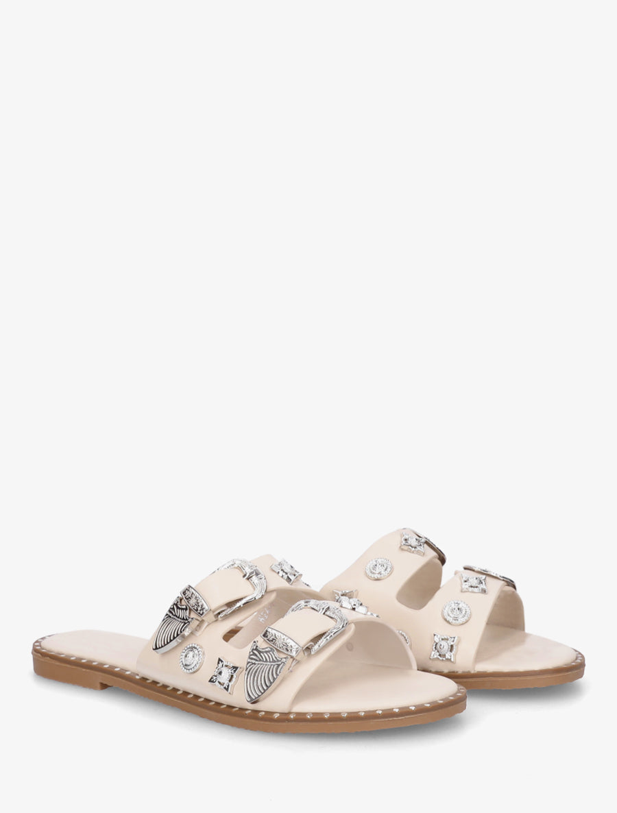 Claquettes à clous fantaisies et boucles - Beige - 4