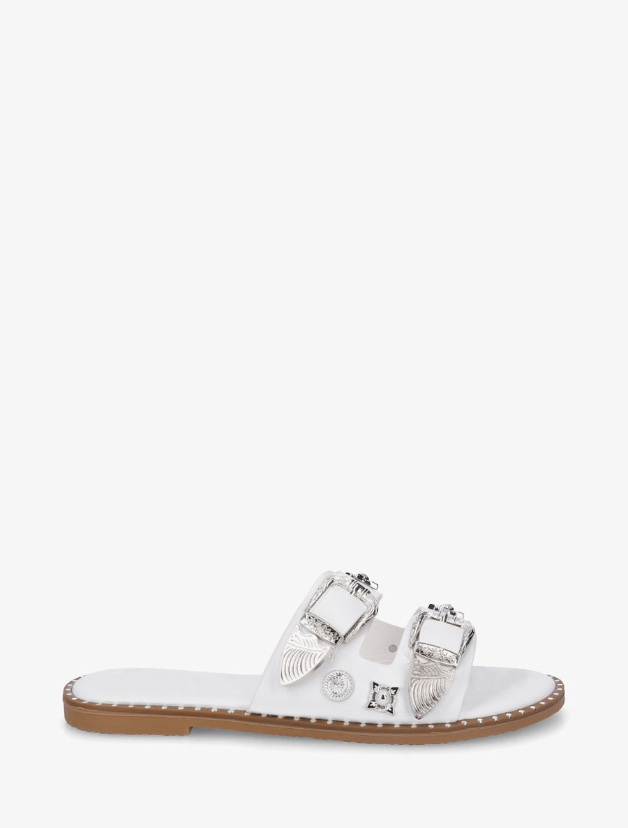 Claquettes à clous fantaisies et boucles - Blanc - 1