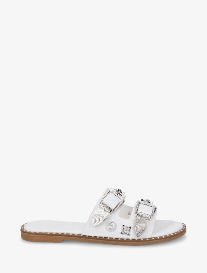 Claquettes à clous fantaisies et boucles - Blanc - 1