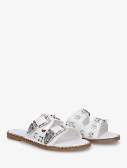 Claquettes à clous fantaisies et boucles - Blanc - 4