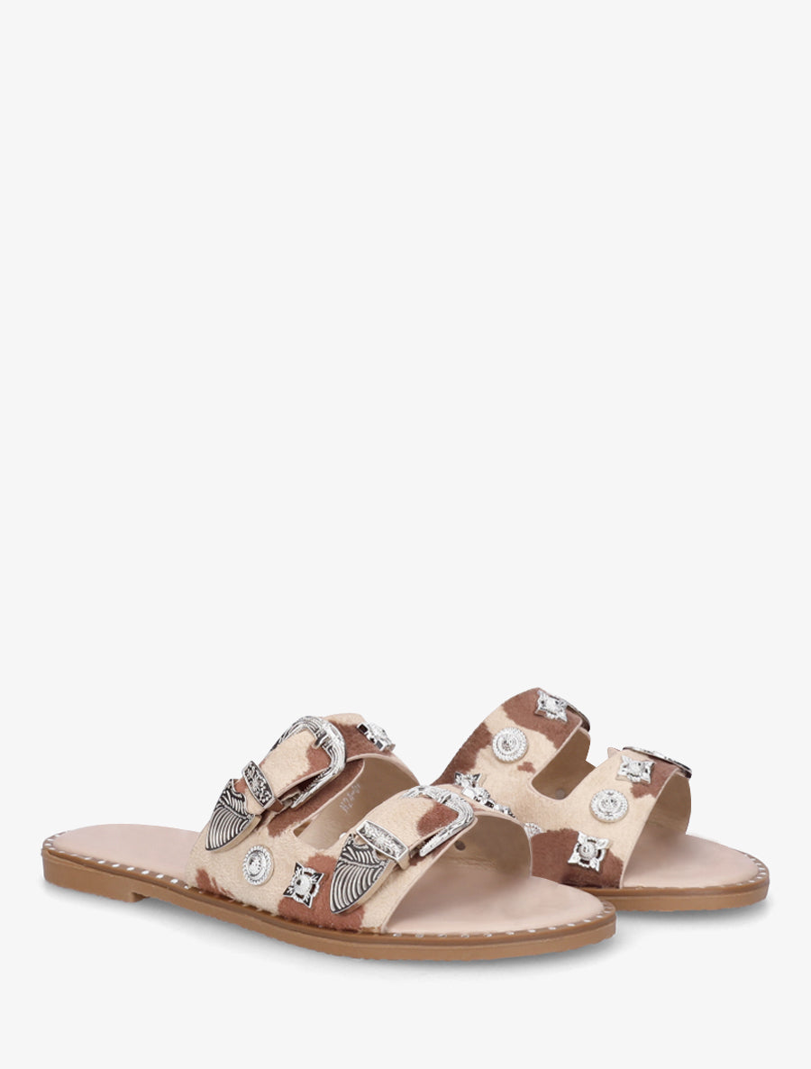 Claquettes clous fantaisies imprimé vache - Beige foncé - 4