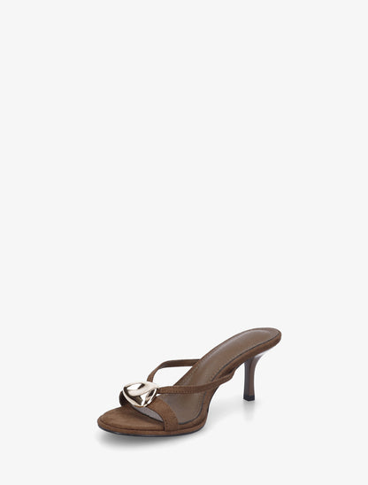 Mules en suédine à empiècement bijou - Marron - 3