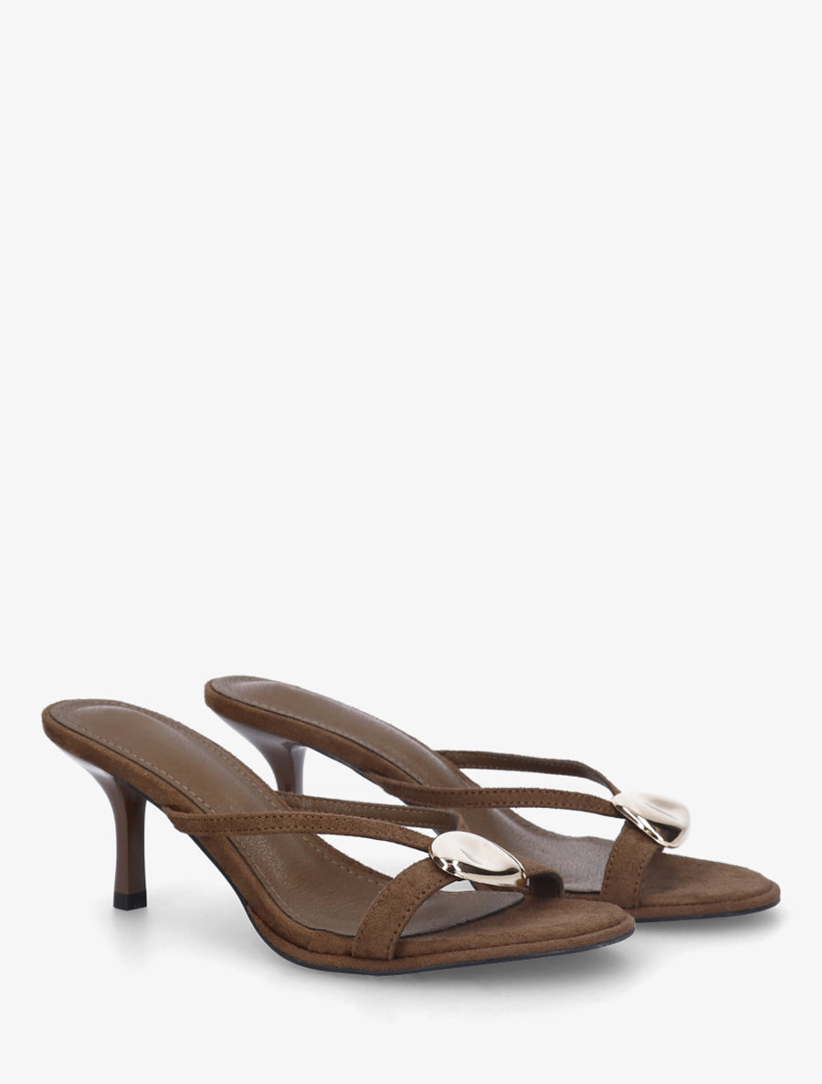 Mules en suédine à empiècement bijou - Marron - 4