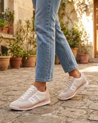 Sneakers bimatière floquées - Beige