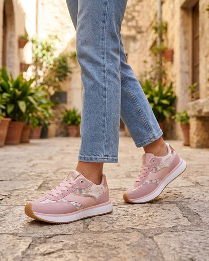 Sneakers en simili à motif pâquerettes - Rose