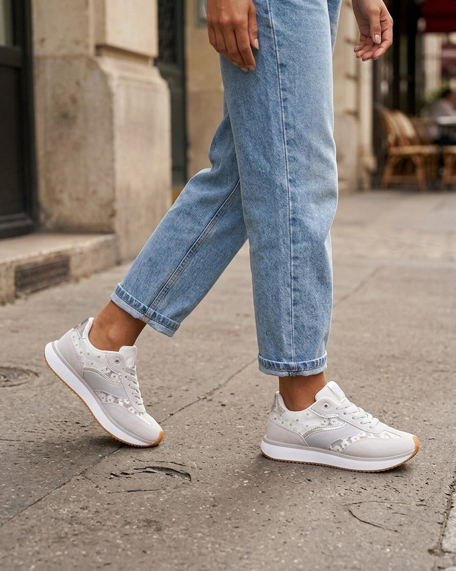 Sneakers en simili à motif pâquerettes - Argent