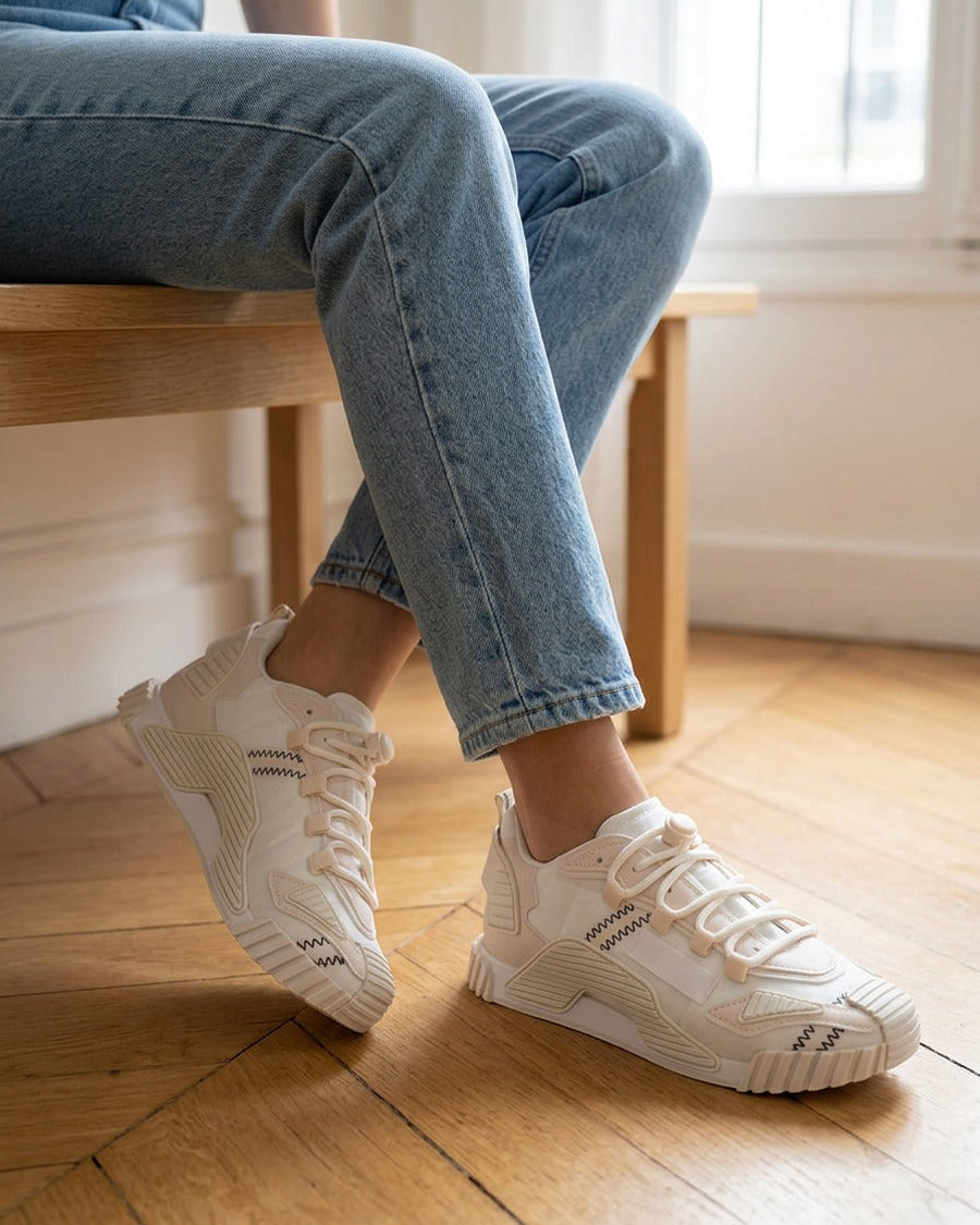 Baskets bimatière à empiècement stylisés - Beige