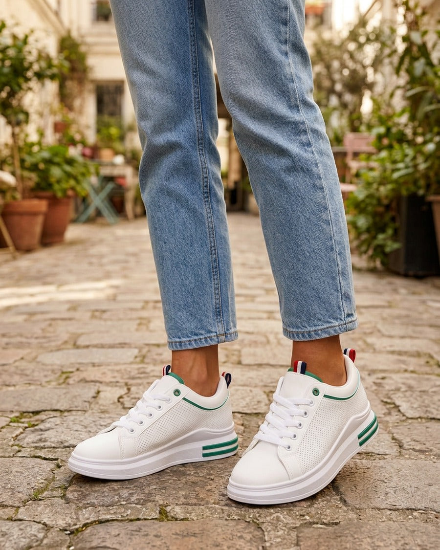 Sneakers piquetés en simili - Blanc/vert