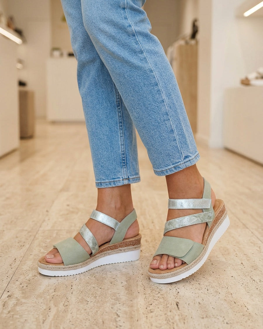Sandales compensées à scratch - Vert olive