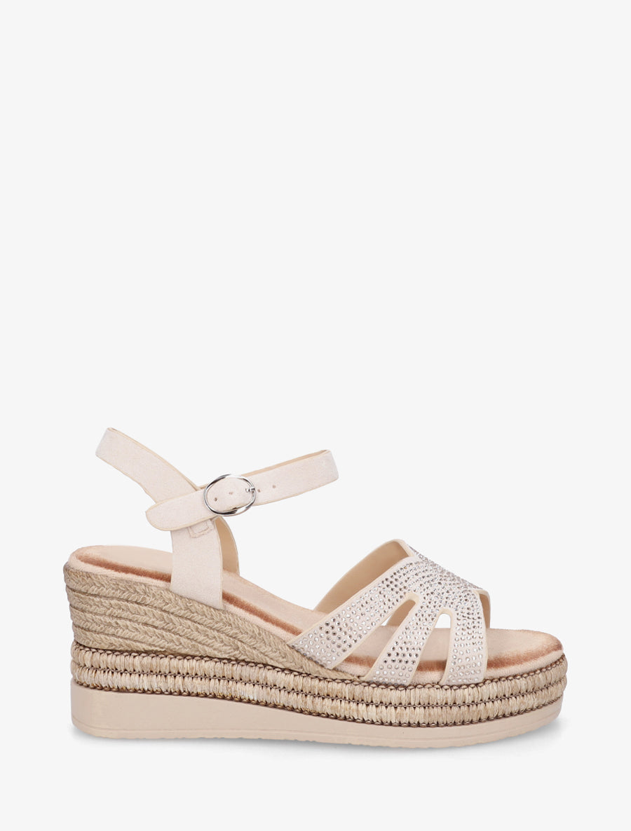 Sandales talon compensé à bride strassée - Beige - 1
