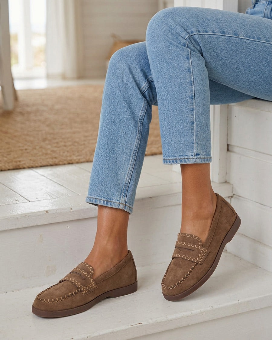 Mocassins en suédine à surpiqûres - Marron
