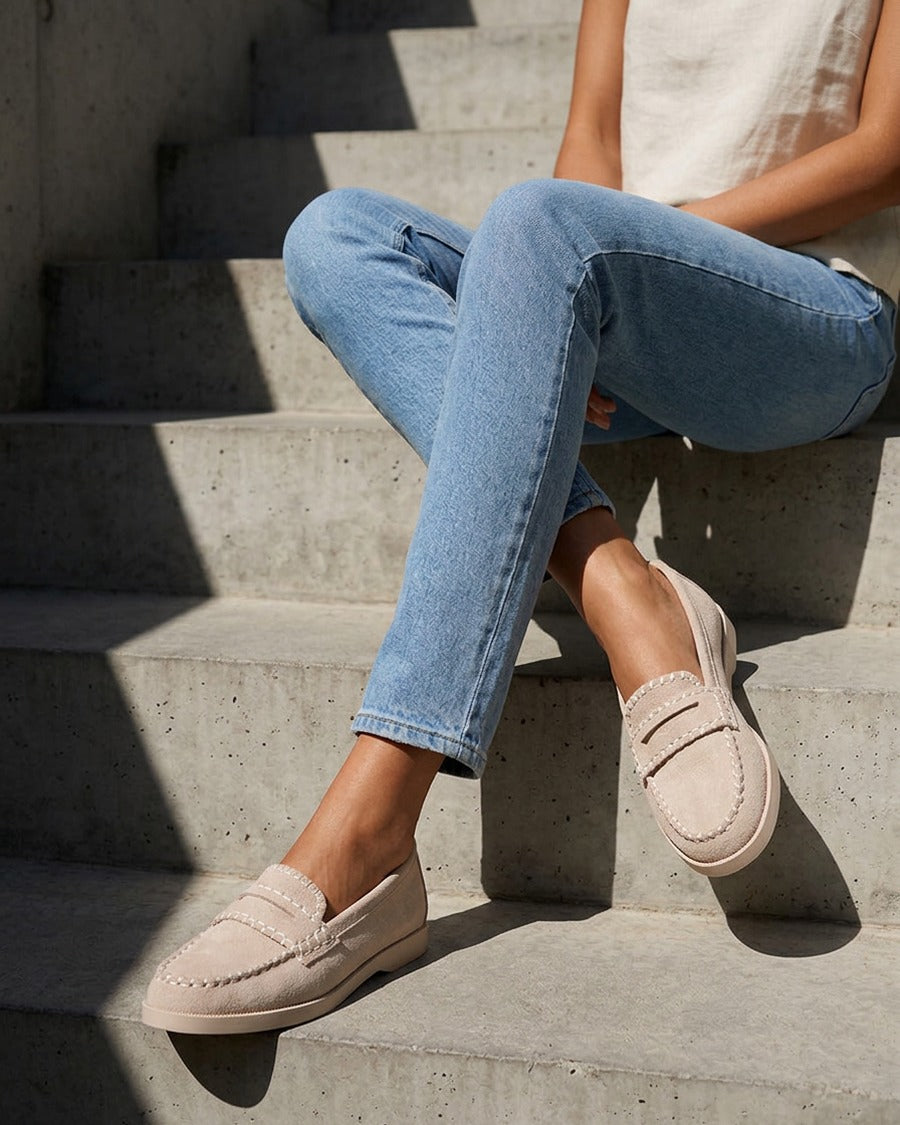 Mocassins en suédine à surpiqûres - Taupe clair