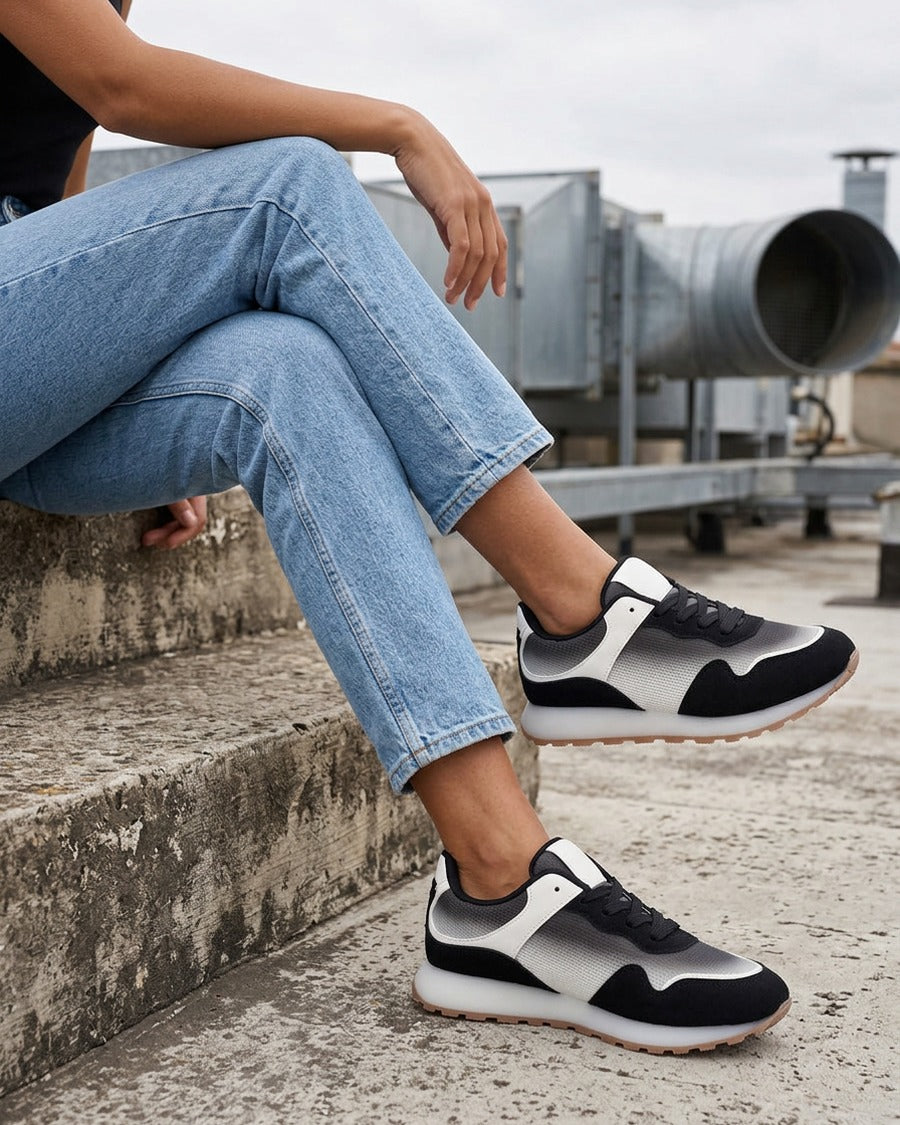 Sneakers bi-matière à semelle épaisse - Noir