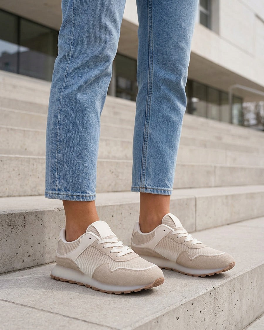 Sneakers bi-matière à semelle épaisse - Beige