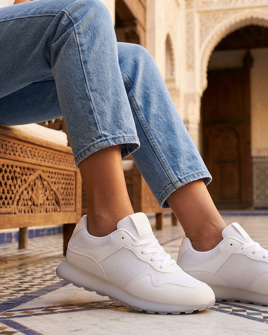 Sneakers bi-matière à semelle épaisse - Blanc