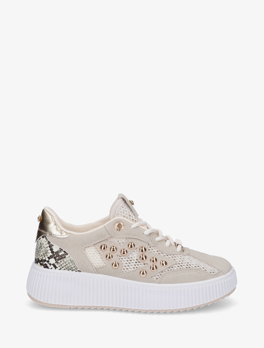 Baskets ajourées à strass et plateforme striée - Beige - 1