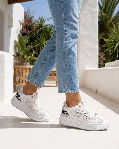 Baskets ajourées à strass et plateforme striée - Blanc