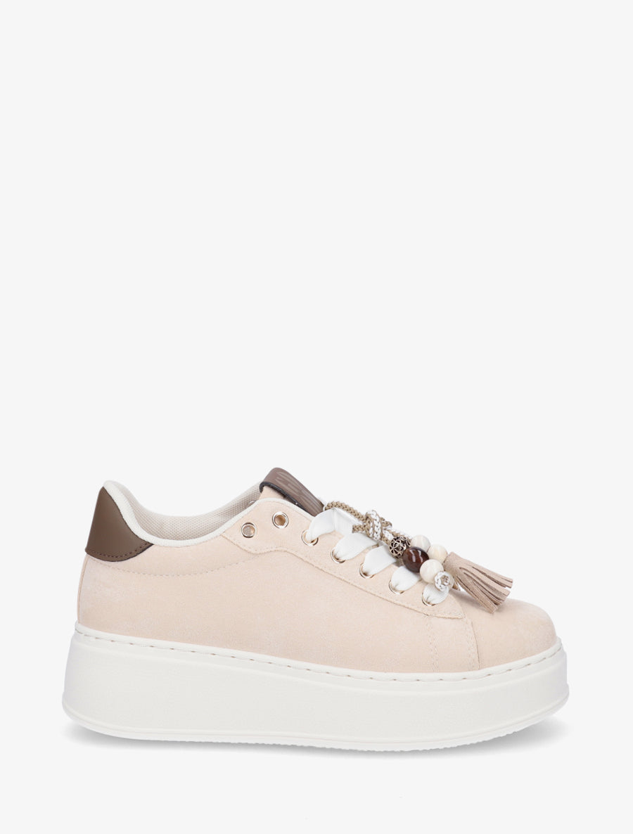 Sneakers en suédine à empiècement perles - Beige - 1