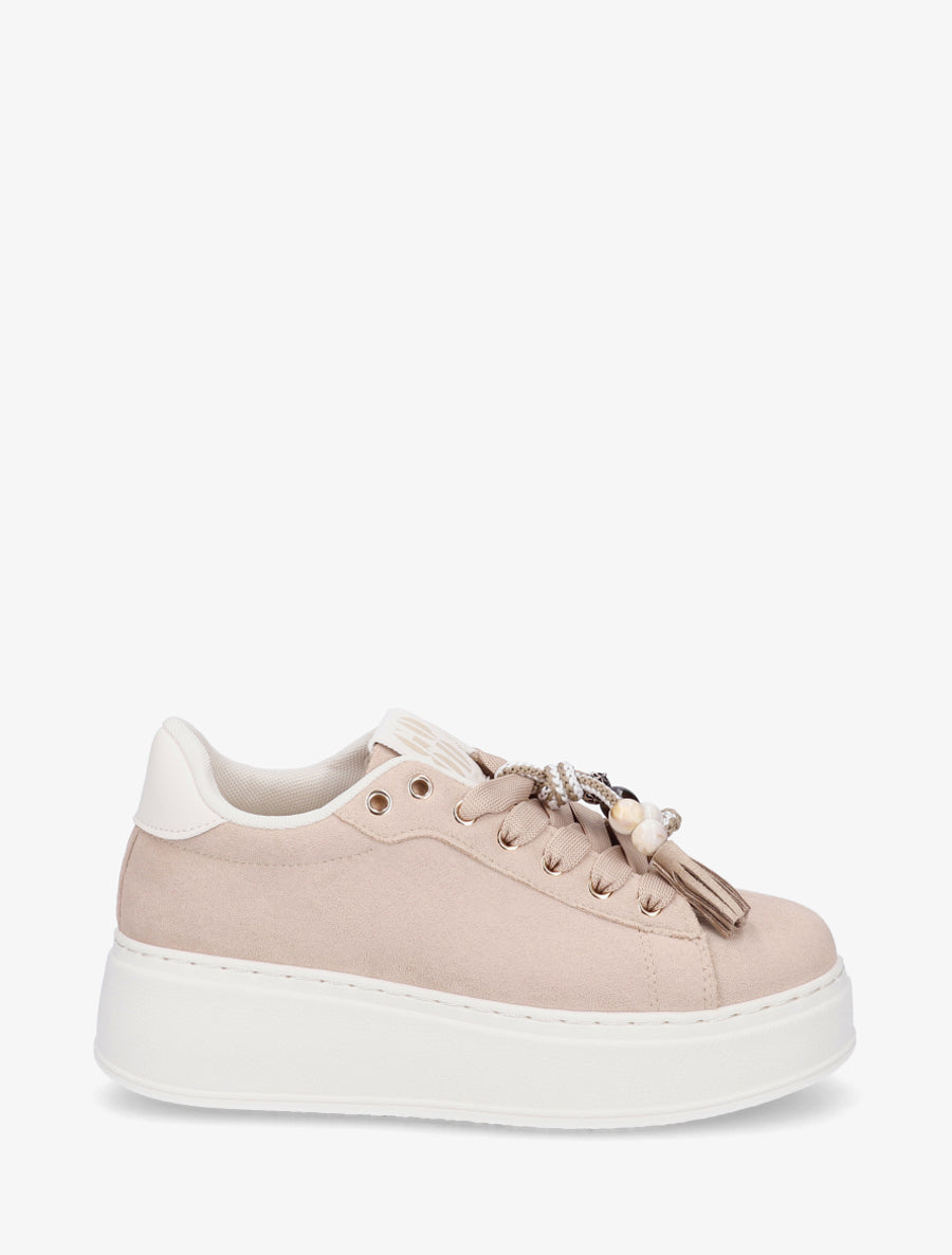 Sneakers en suédine à empiècement perles - Taupe - 1