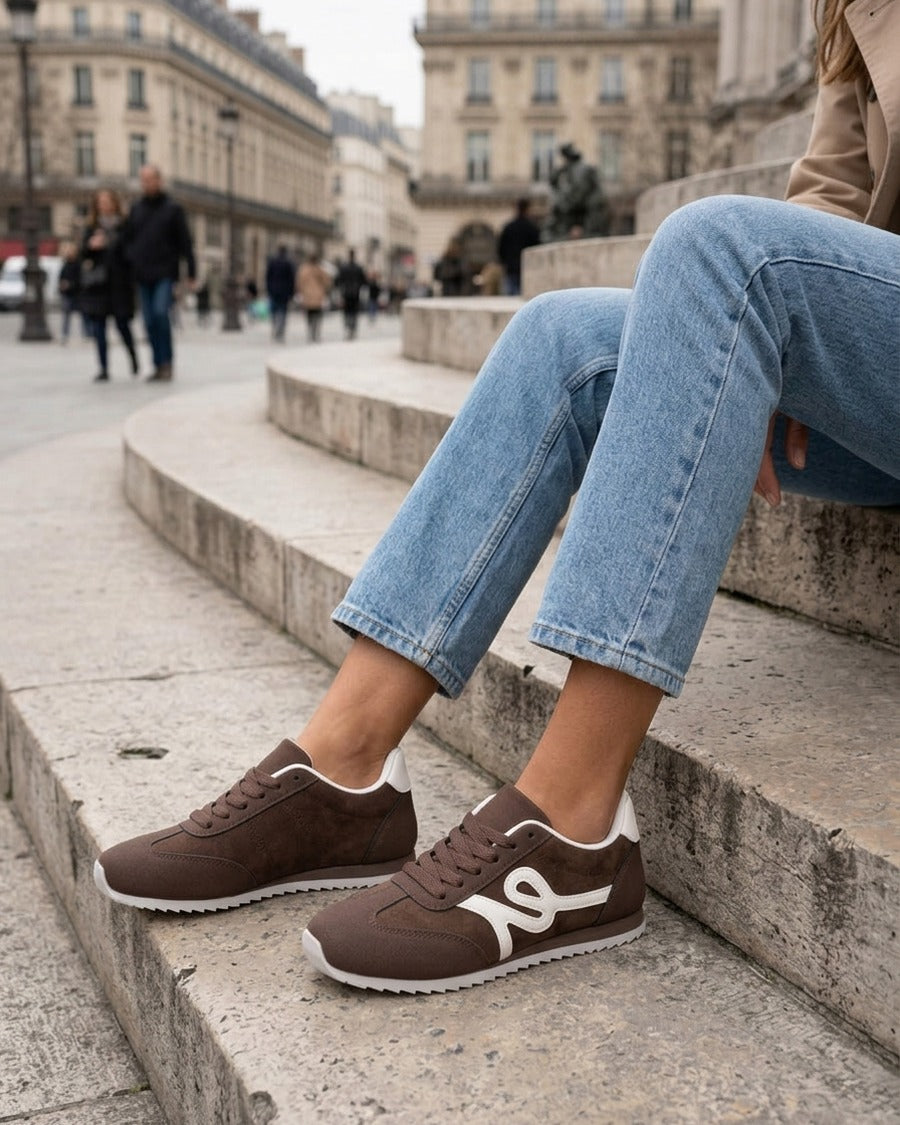 Sneakers en suédine à empiècement effet nubuck - Marron