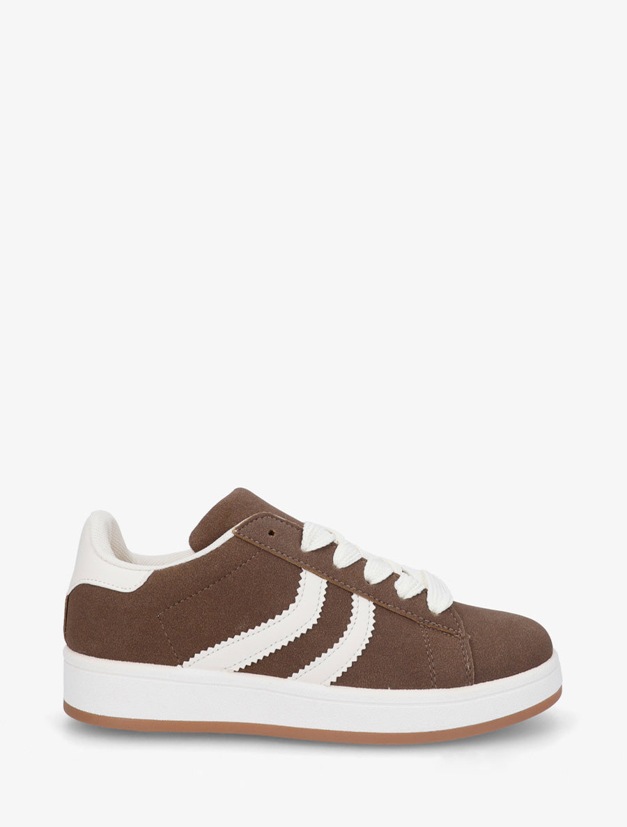 Baskets effet nubuck à bandes dentelées - Marron - 1