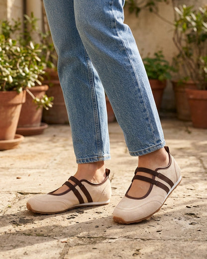 Ballerines en suédine à bandes - Beige