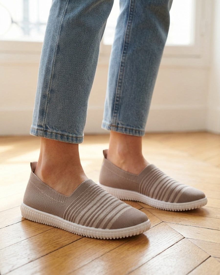 Slip-on en maille ajourée rayée - Taupe