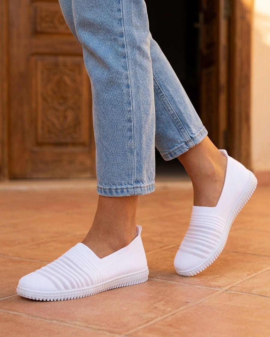 Slip-on en maille ajourée rayée - Blanc