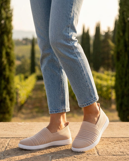 Slip-on en maille ajourée rayée - Beige foncé