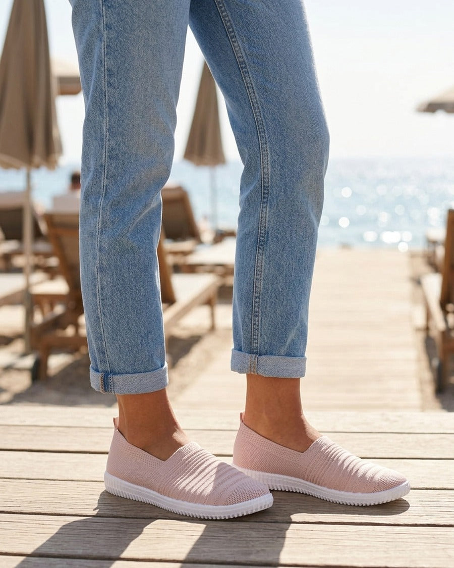 Slip-on en maille ajourée rayée - Rose
