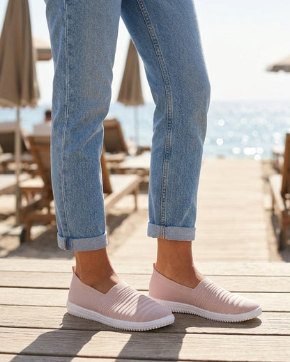 Slip-on en maille ajourée rayée - Rose