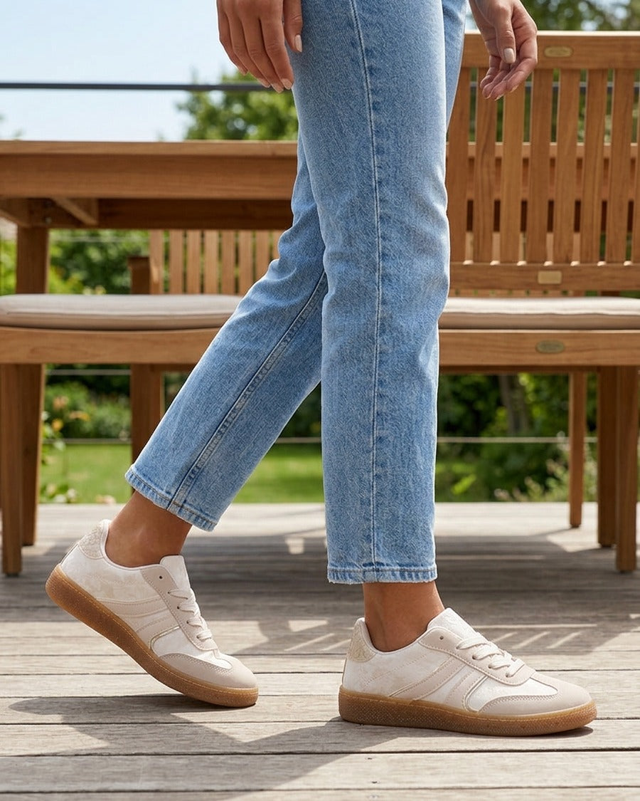 Sneakers bimatière imprimé roses - Beige