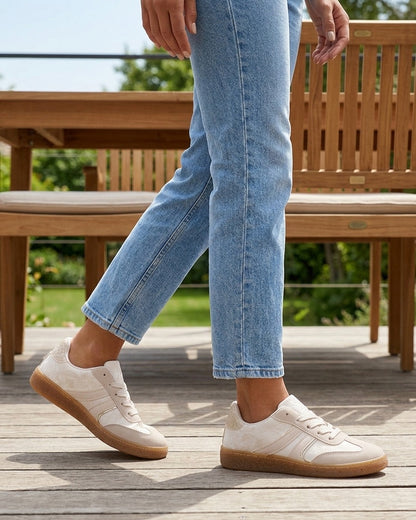 Sneakers bimatière imprimé roses - Beige