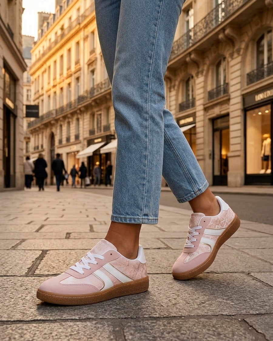 Sneakers bimatière imprimé roses - Rose